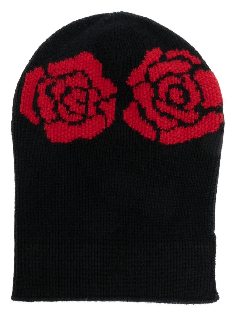 rose-embroidered crochet beanie