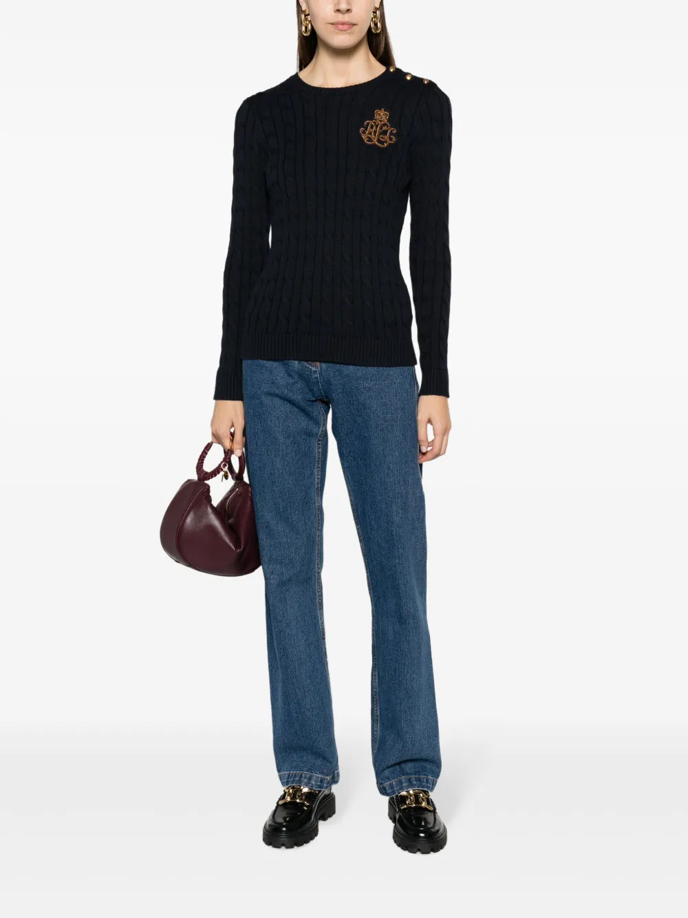 Lauren Ralph Lauren Montiva logo-patch cable-knit jumper - Blauw
