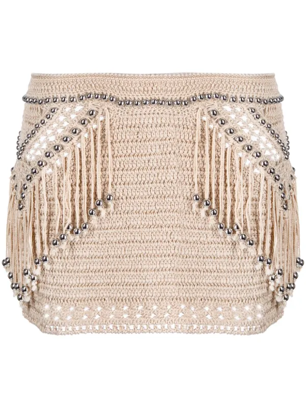 Rabanne Embellished Fringed Crochet Miniskirt Brown FARFETCH