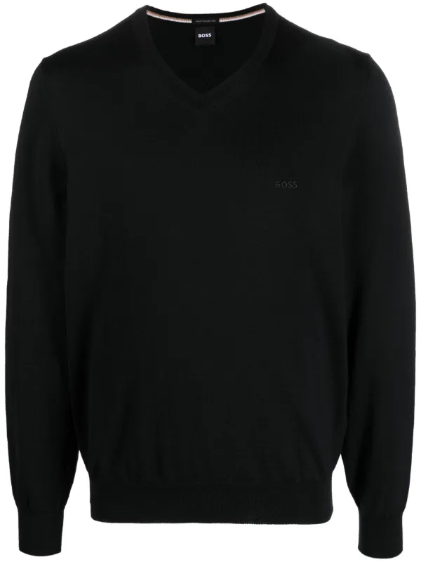 BOSS embroidered-logo V-neck Jumper Black FARFETCH JO
