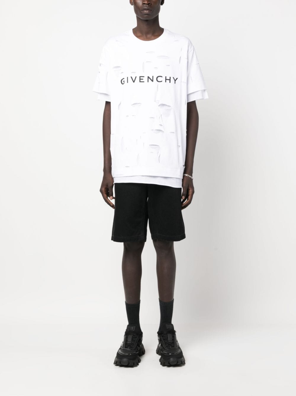 Shop Givenchy Logo-print Distressed Cotton T-shirt In White