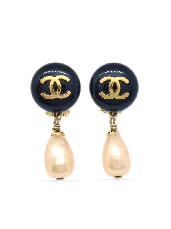 1994 CC button pearl drop clip-on earrings