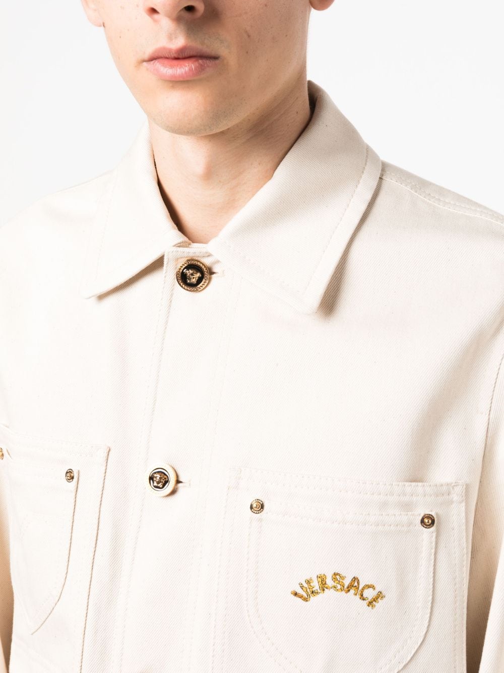 Shop Versace Logo-print Cotton Shirt Jacket In Neutrals