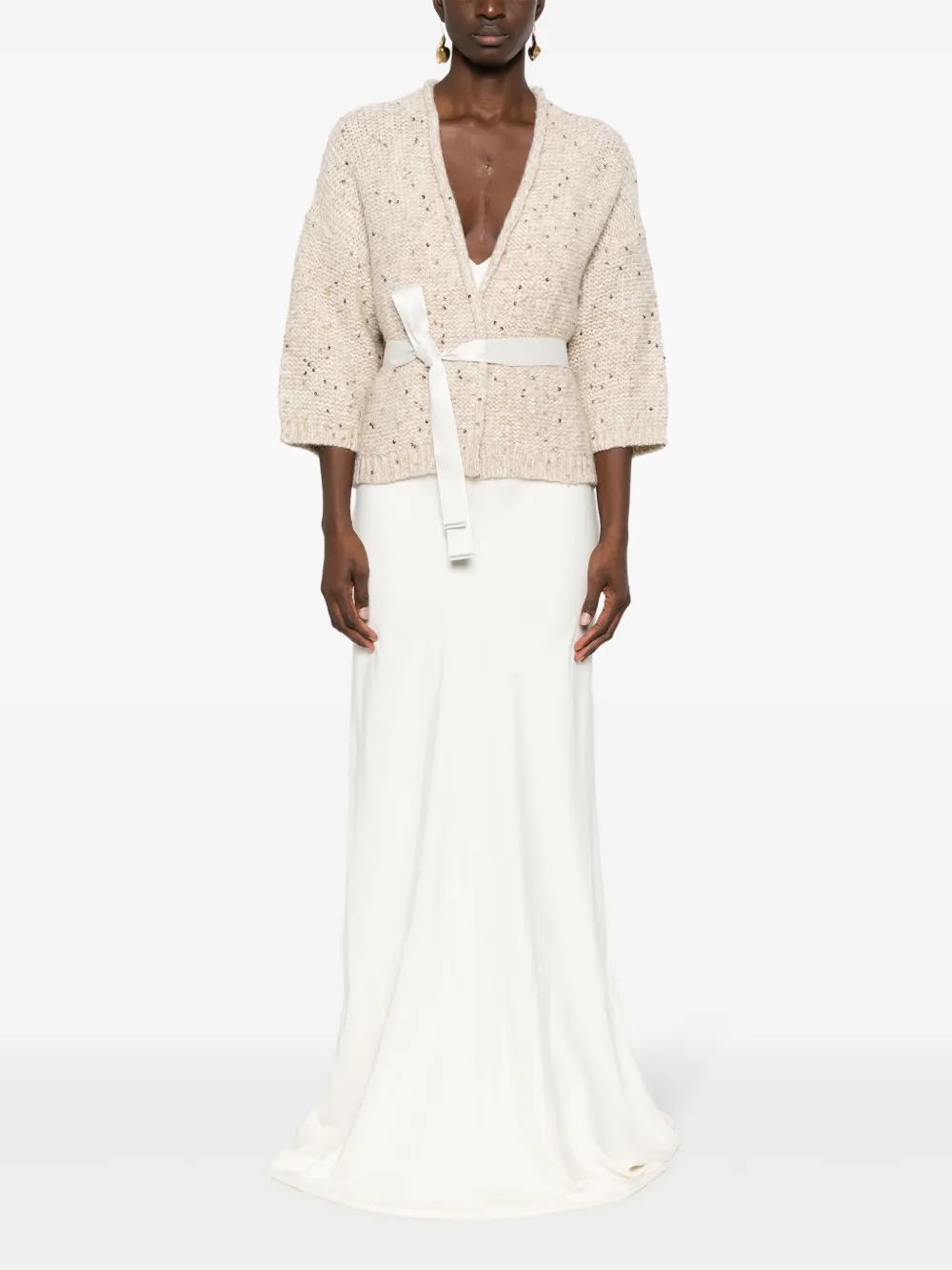 Peserico sequin-embellished belted cardigan - Beige