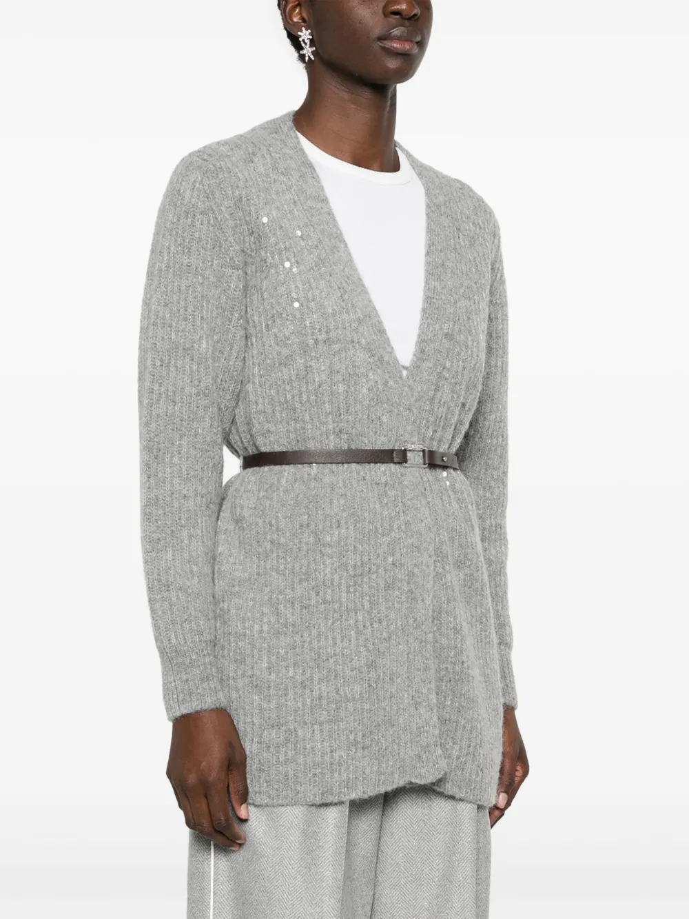  Peserico Sequin-embellished Belted Cardigan - Grey 