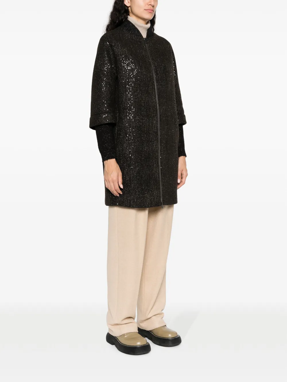 Peserico Sequin-embellished Long Bomber Jacket In Braun
