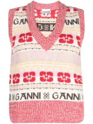 Ganni Argyle Organic Cotton Knitted Vest - Blue