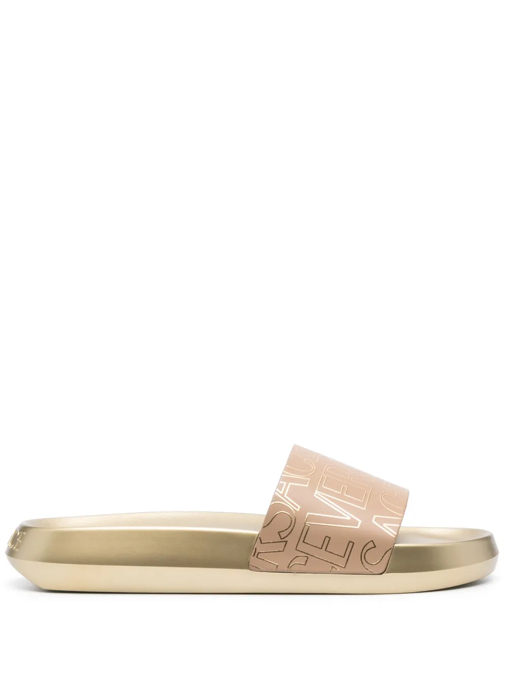 Shop Versace Allover Open-toe Slides In Gold