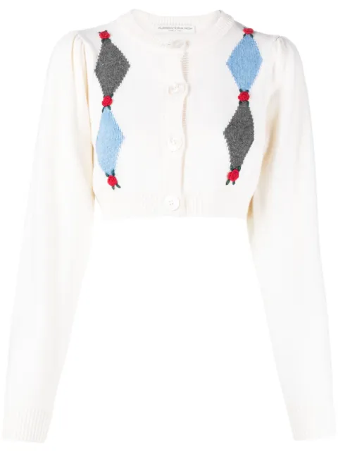 Alessandra Rich rose-embroidered argyle wool cardigan
