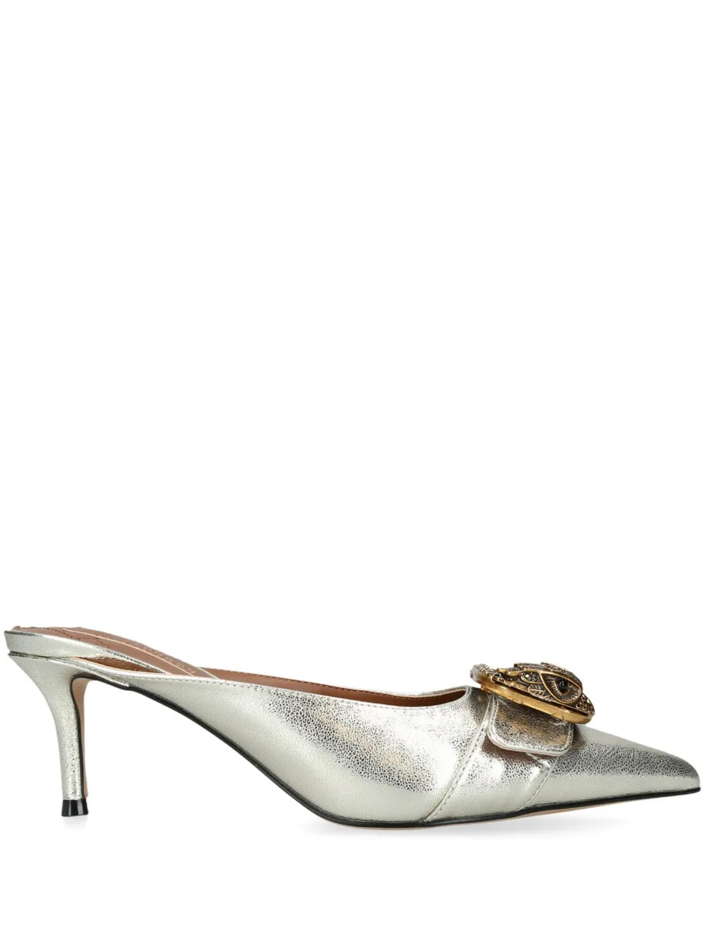 Kurt Geiger London Womens Silver Mayfair Buckle-embellished Heeled Metallic-leather Mules