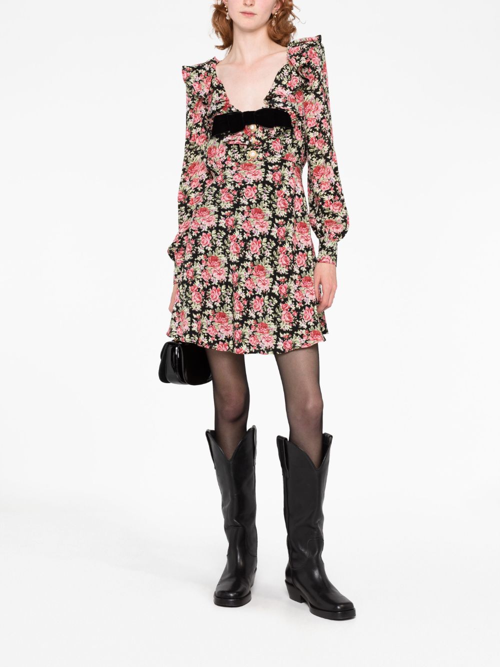 Alessandra Rich floral print bow-embellished minidress - Zwart