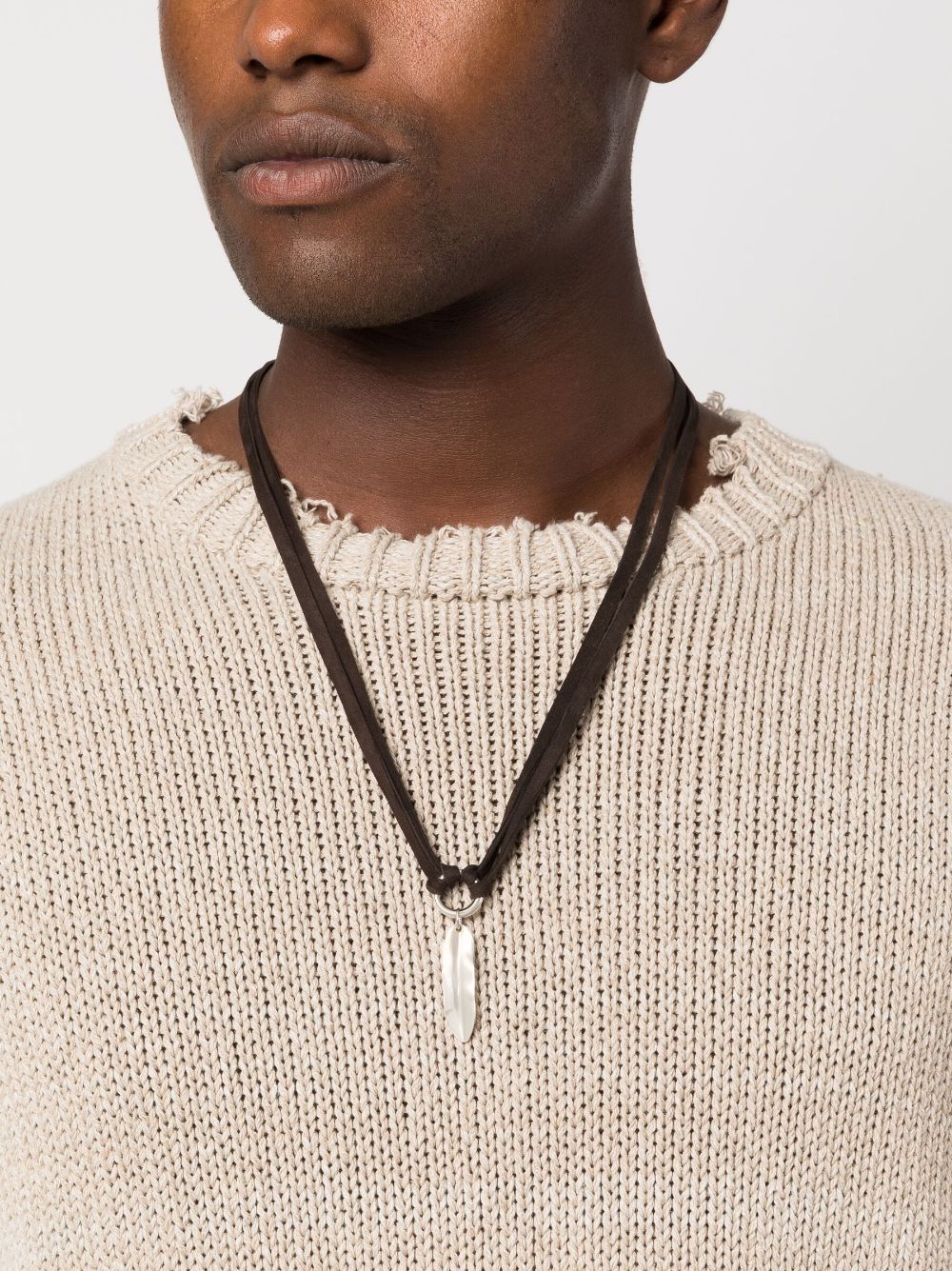 Shop Oamc Feather-pendant Leather Necklace In Brown