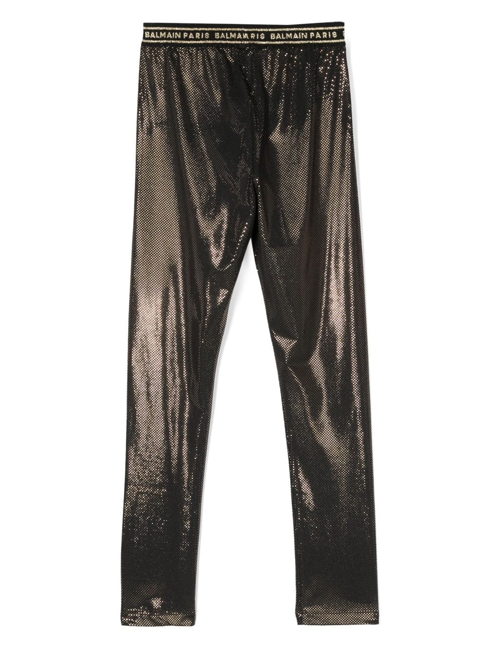 Shop Balmain Metallic-effect Logo-waistband Leggings In Black