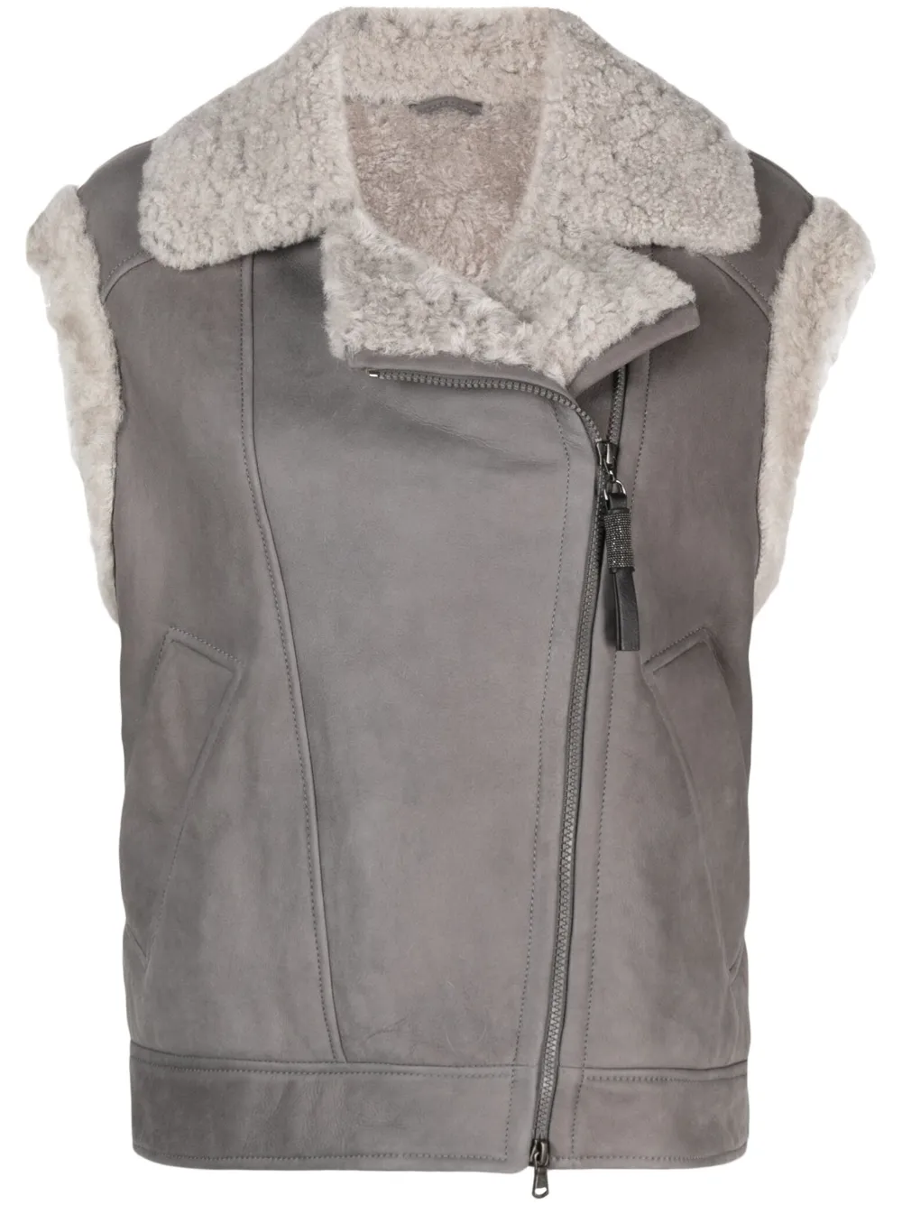 Brunello Cucinelli shearling-trim zip-up vest | Grey | Image 1