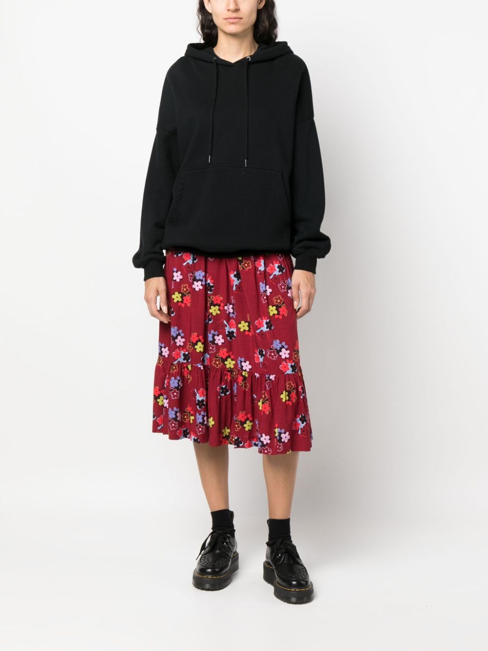 Shop Comme Des Garcons Girl Ruffled Floral-print Midi Skirt In Red