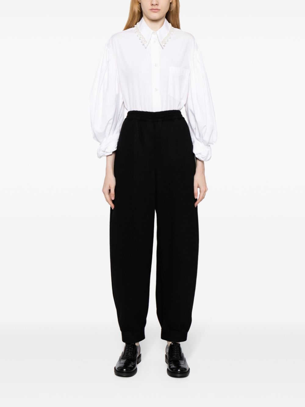 Shop Junya Watanabe Elasticated-waist Wool High-waist Trousers In Black