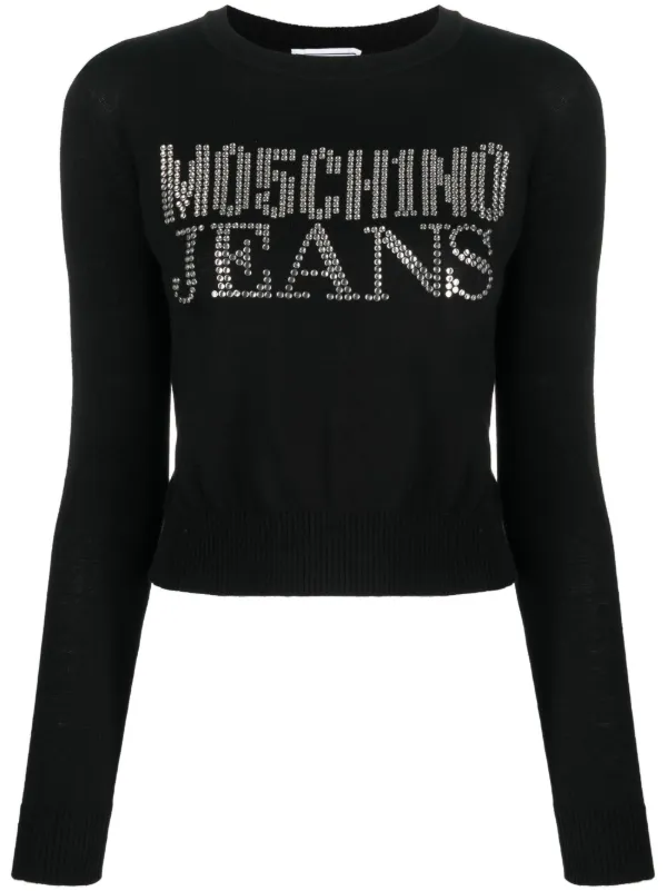 MOSCHINO JEANS rhinestone embellished wool blend Jumper Black FARFETCH HK