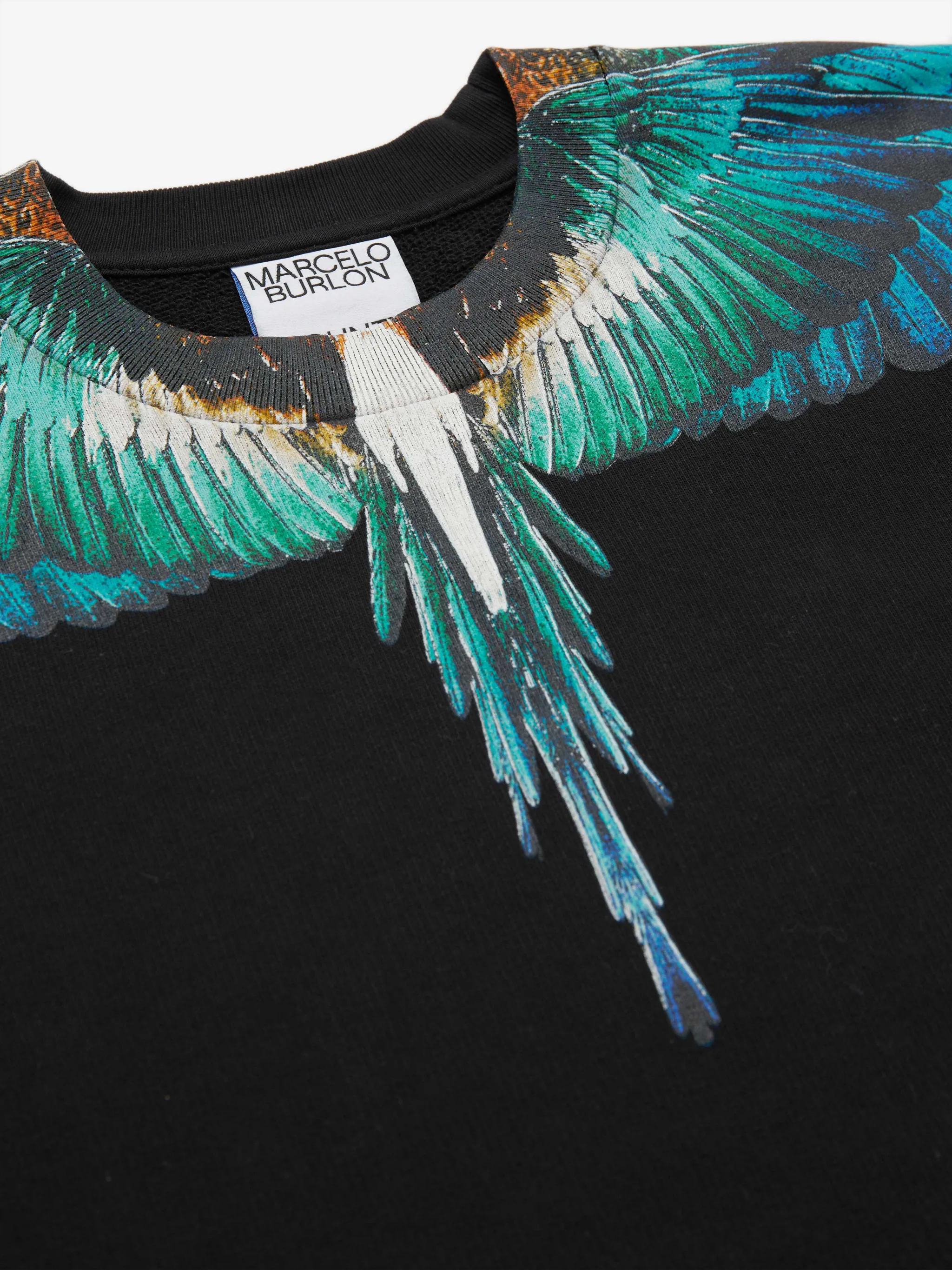 Icon Wings cotton sweatshirt from Marcelo Burlon Kids featuring black, blue, cotton, graphic print to the front, crew neck, long sleeves and straight hem.
