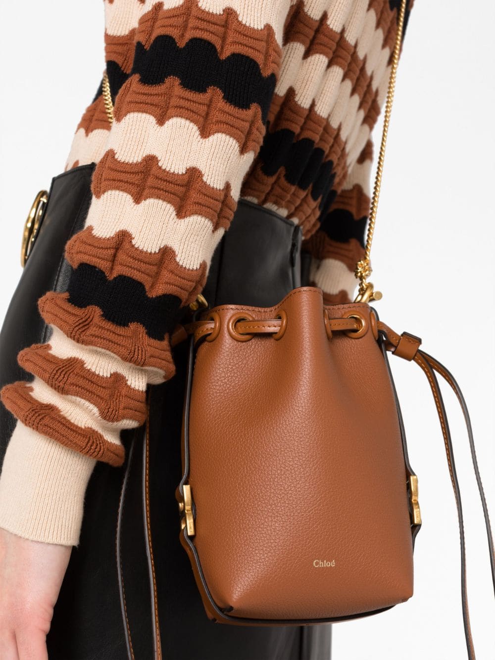 Shop Chloé Micro Marcie Leather Bucket Bag In Brown