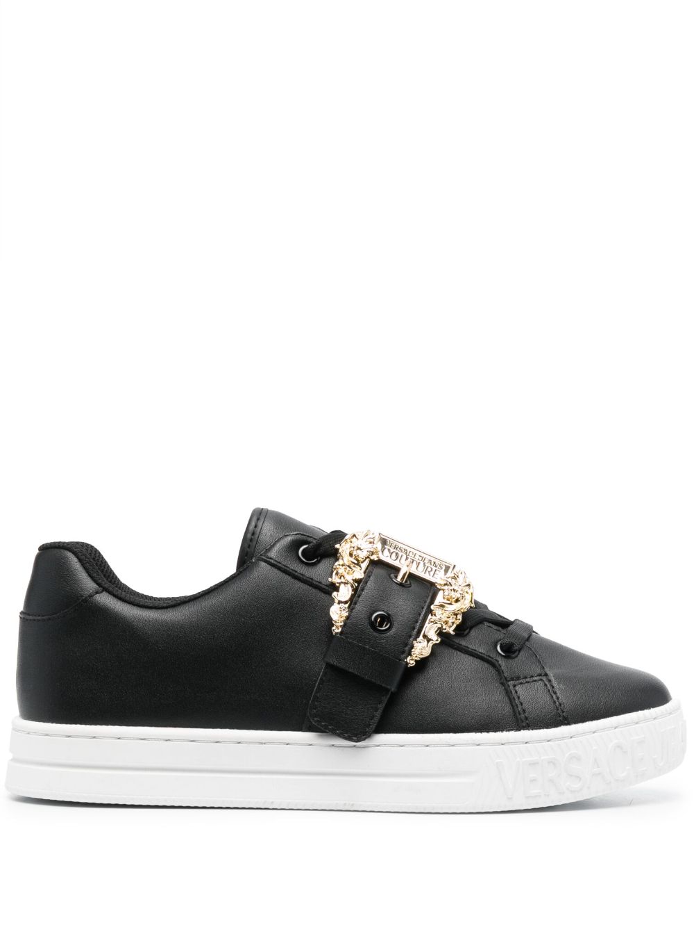 VERSACE JEANS COUTURE LOGO-BUCKLE LEATHER SNEAKERS