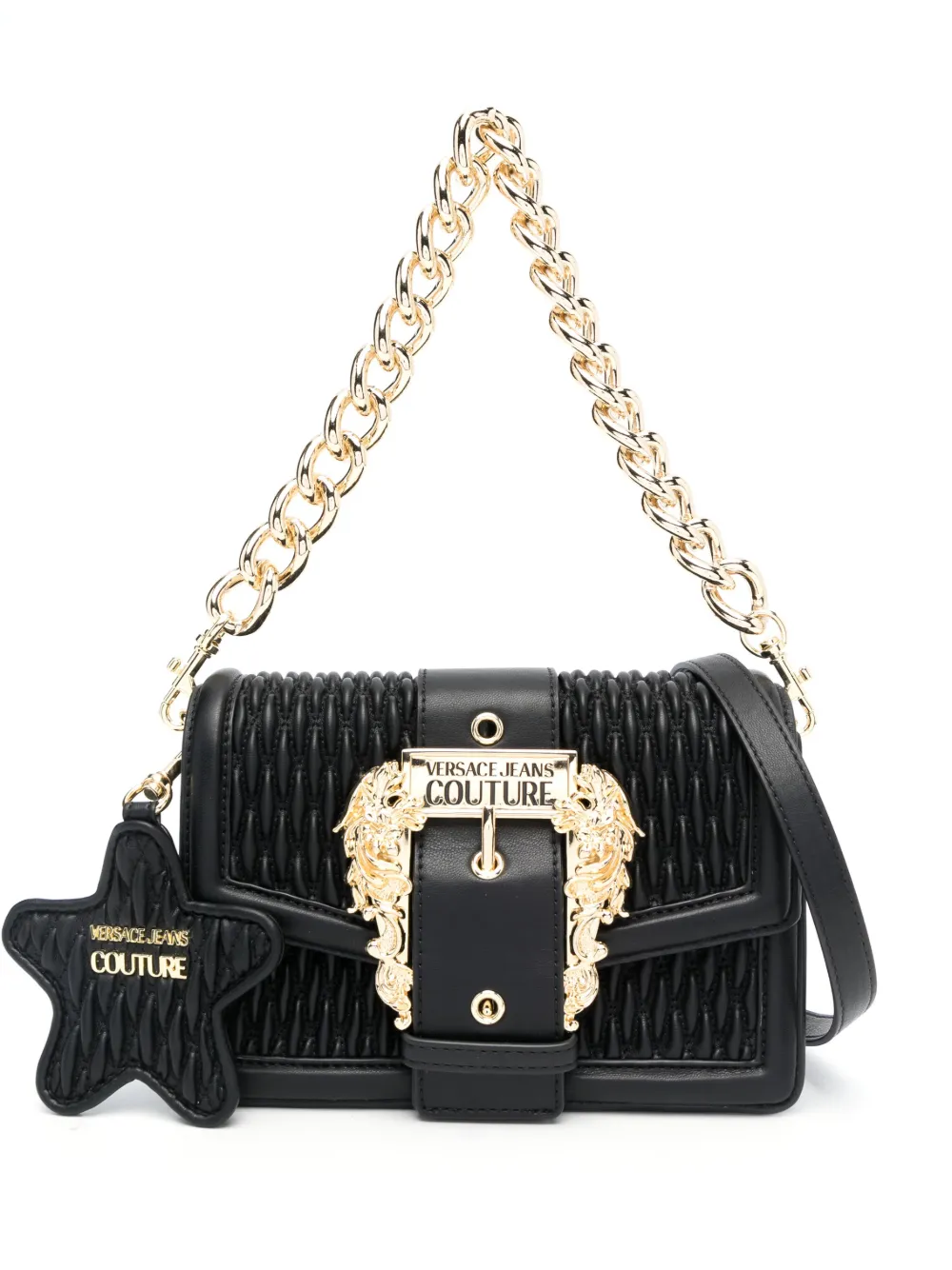 Versace Jeans Couture Baroque-buckle Quilted Shoulder Bag In Black
