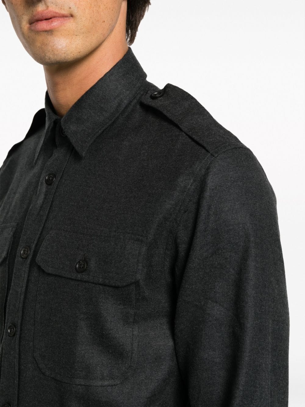 Shop Ralph Lauren Purple Label Pointed-collar Button-up Cotton Blend Shirt In Grey
