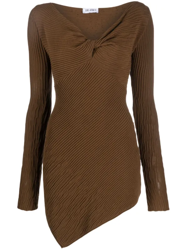 Attico Asymmetric Ribbed-knit Minidress - Brown