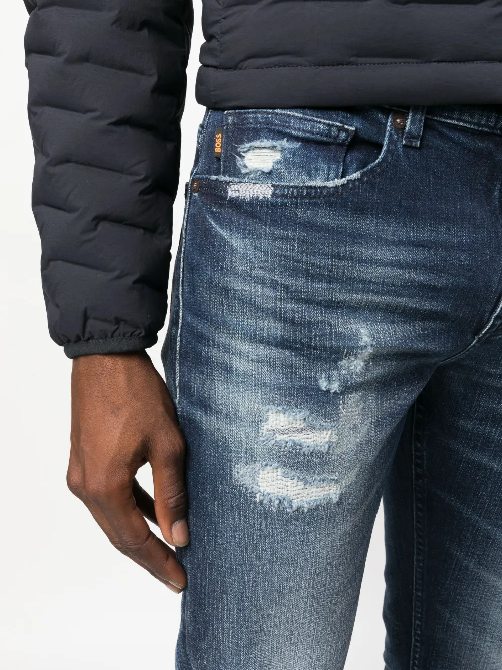 Hugo Boss Logo-patch Distressed Jeans In Blue