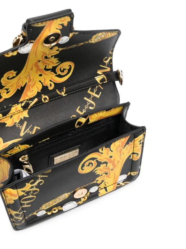 Versace Black/Yellow Baroque Print Leather Icon Shoulder Bag