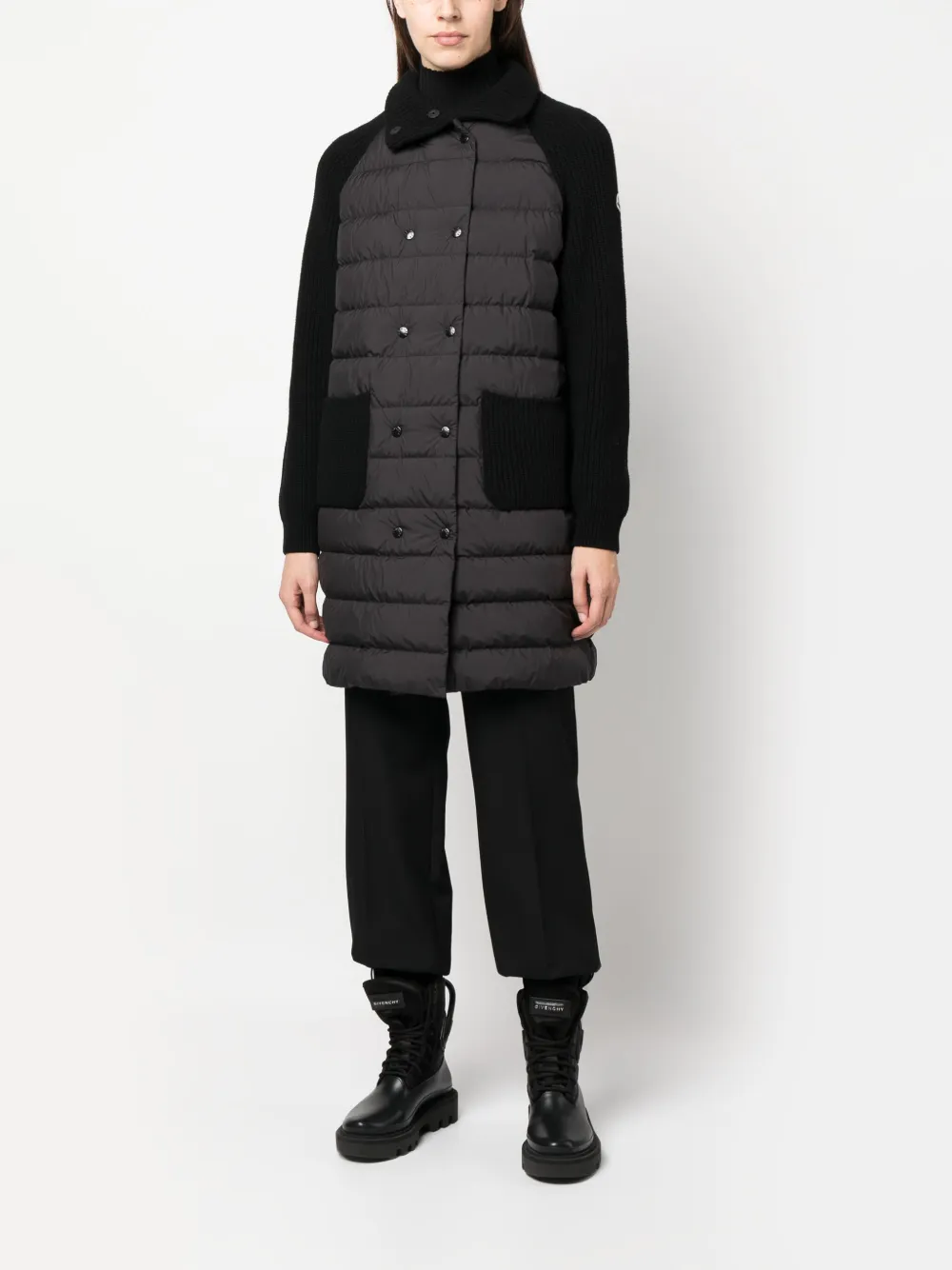Moncler quilted panelled wool coat - Zwart