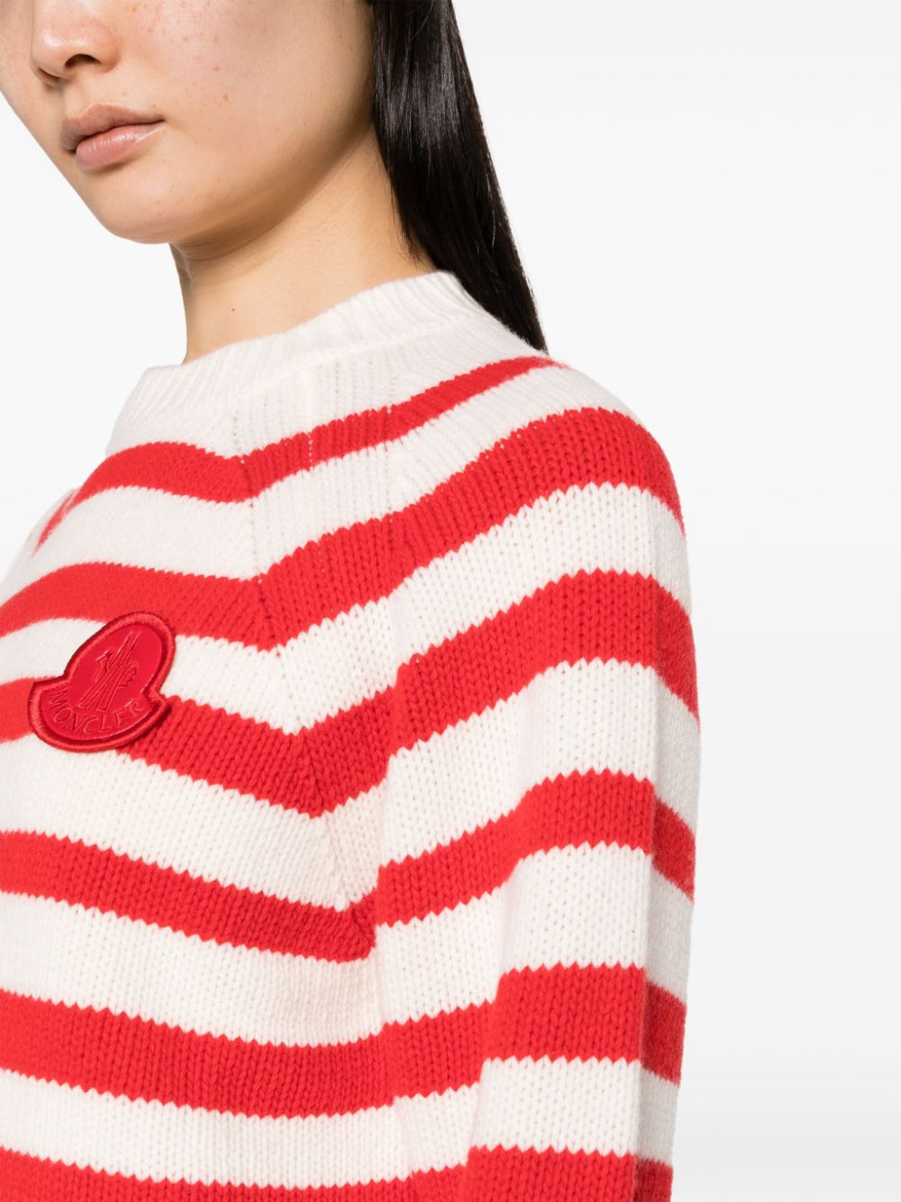 Shop Moncler Logo-patch Striped Wool Jumper In Neutrals