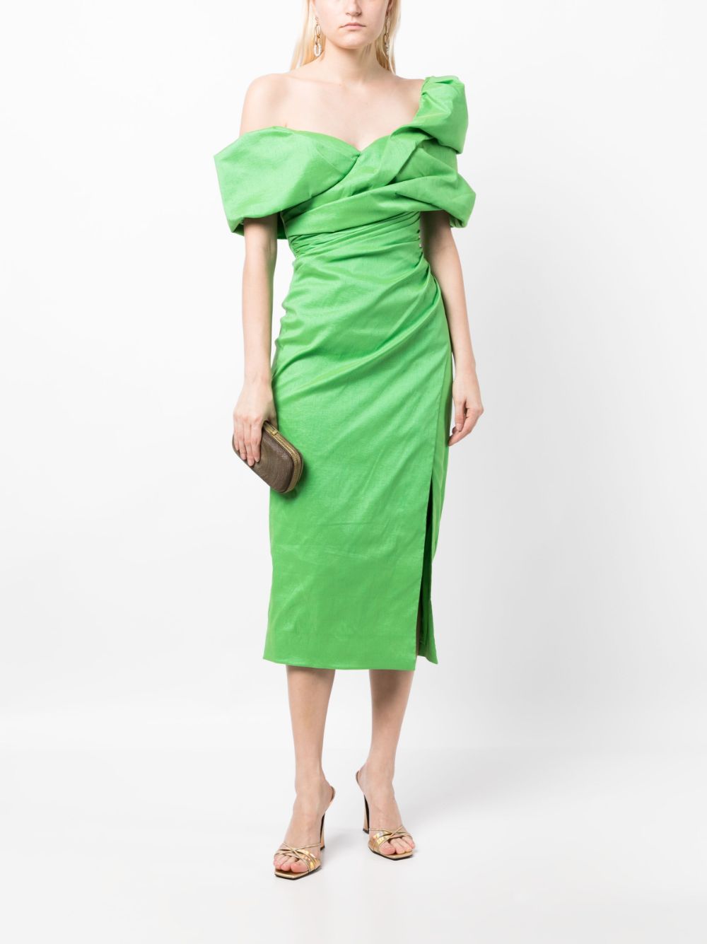 Shop Rachel Gilbert Gia Ruched Midi Dress In Green