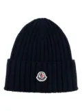 Moncler logo-patch ribbed-knit beanie - Blue