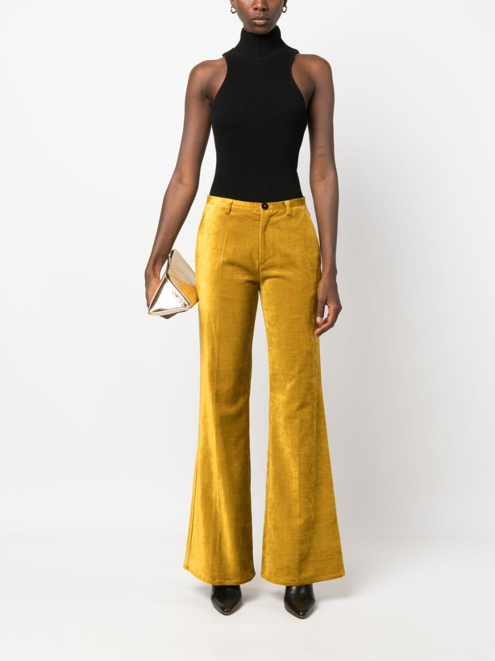 Shop Forte Forte Mid-rise Velvet Flared Trousers In Yellow