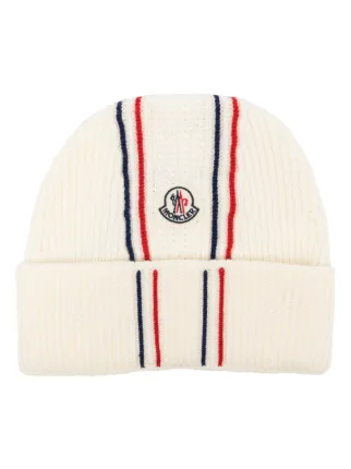 MONCLER マフラー ビッグロゴ入り　ネイビー/ホワイト/レッド Moncler Tricolor Virgin Wool Beanie | White | FARFETCH