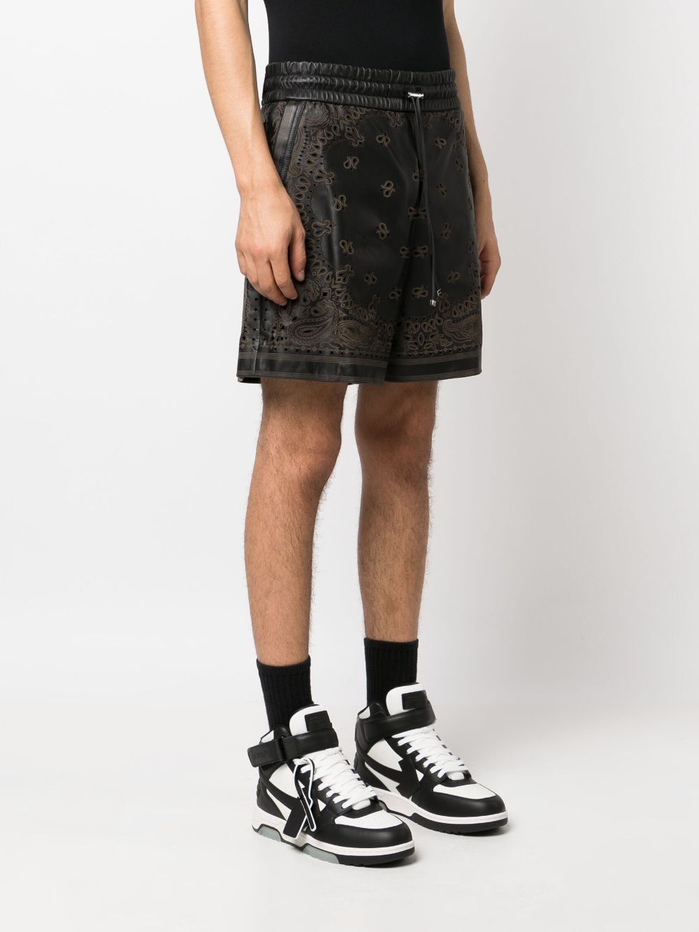 Shop Amiri Bandana Laser-etched Leather Shorts In Black