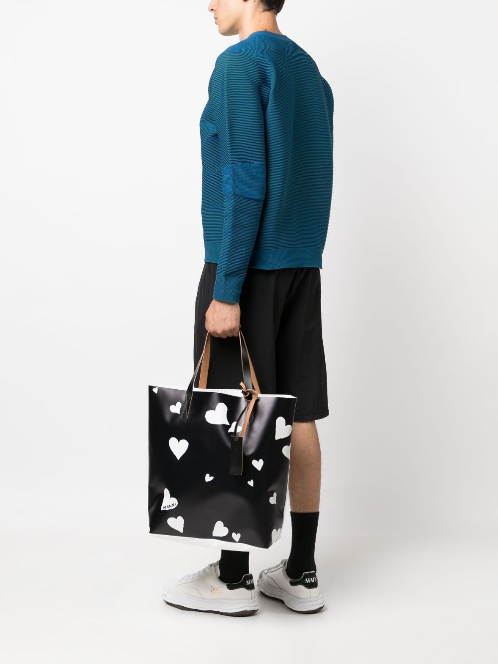 Shop Marni Heart-print Leather Tote Bag In Black