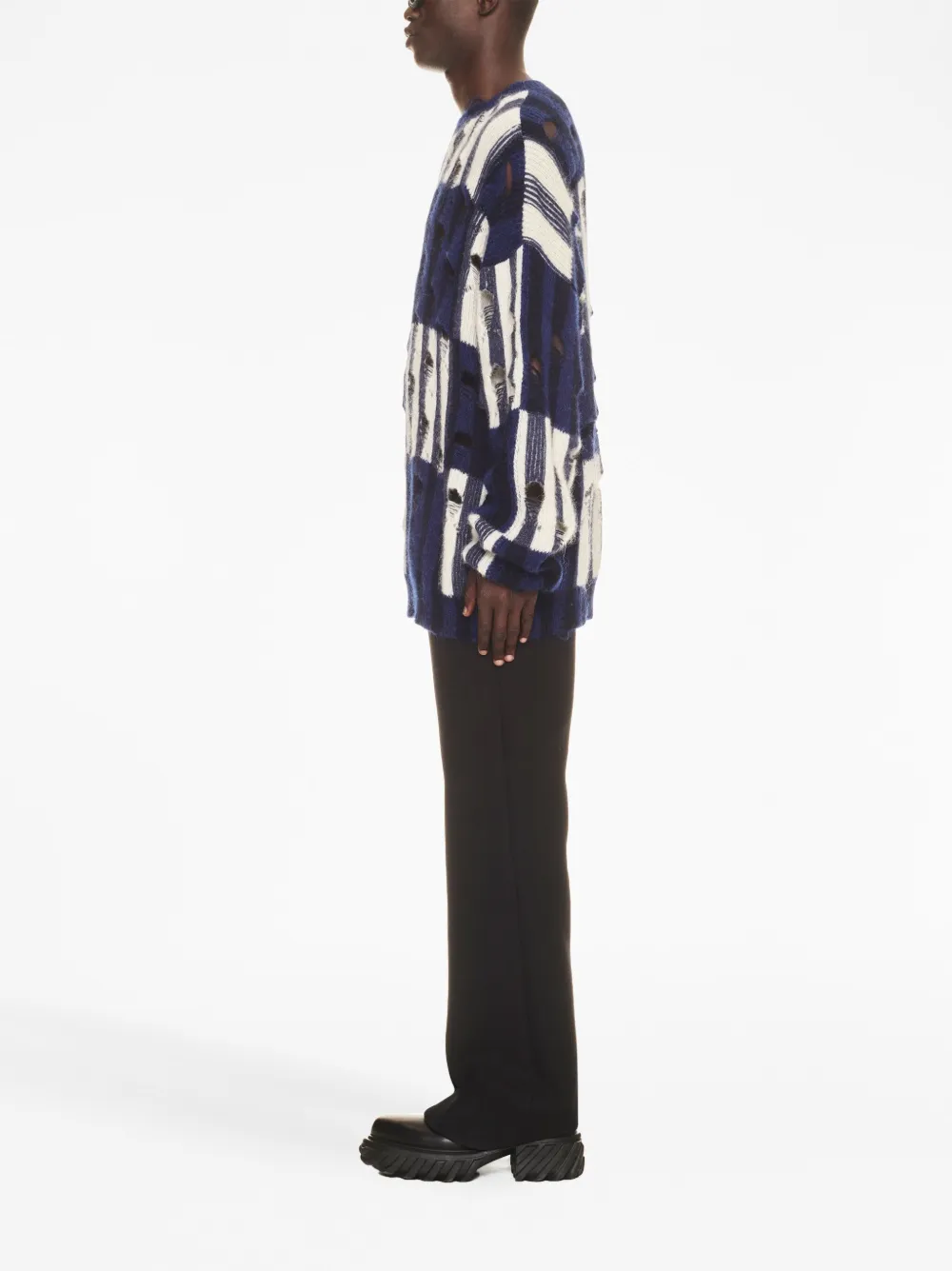 Off-white Distressed Effect Shibori Tartan Crewneck Sweater In Blue