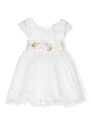 white dress with lace bottom Clarissa | White Lace Crew-Neck Short-Sleeve Midi Dress