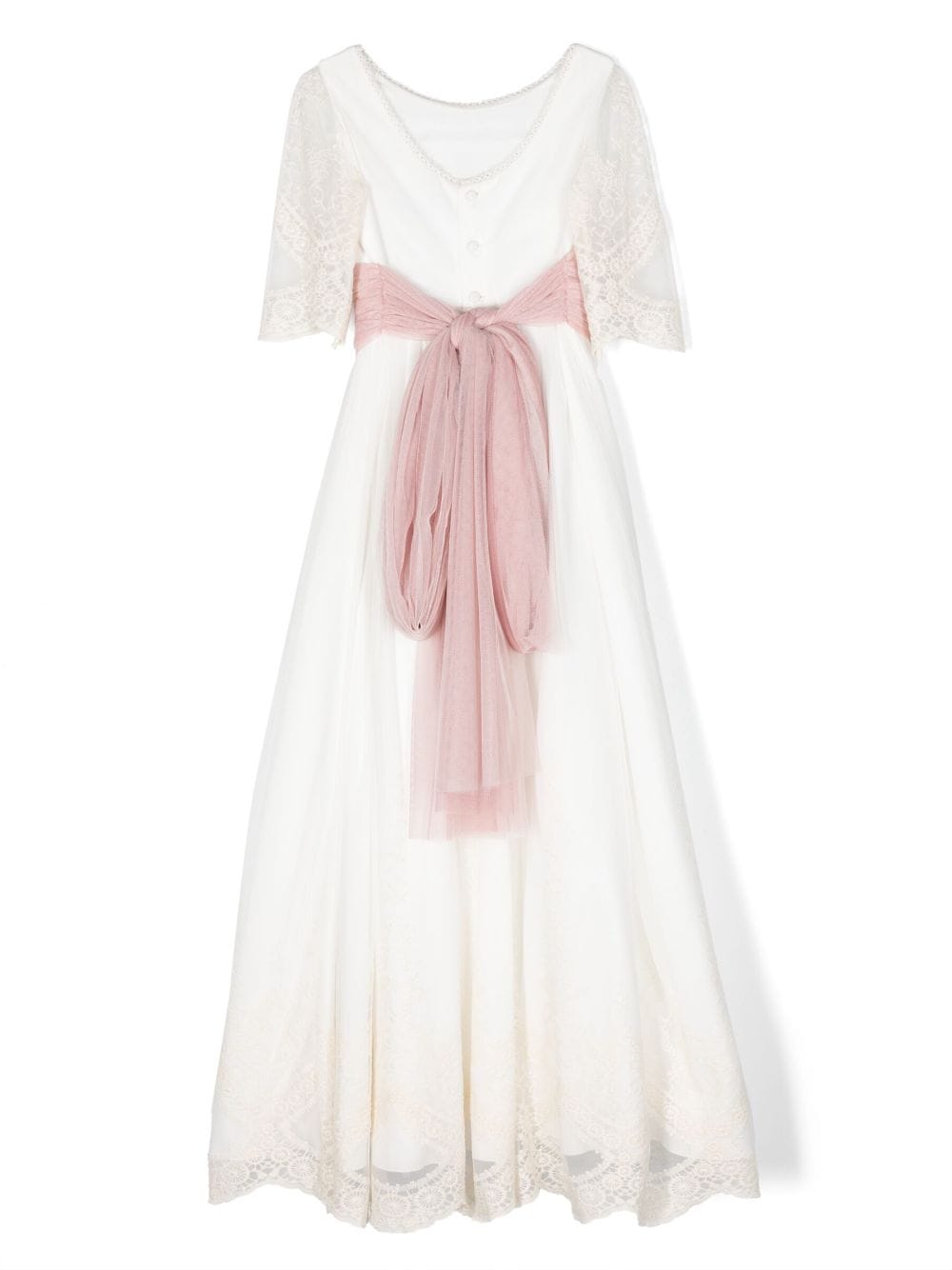 AMAYA lace-sleeves belted Communion dress - Wit