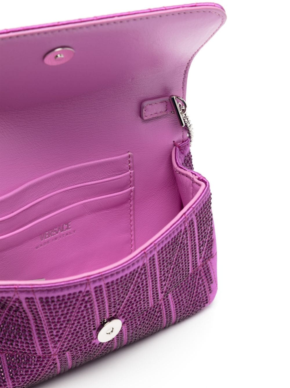 Shop Versace Virtus Crystal-embellished Leather Shoulder Bag In Purple
