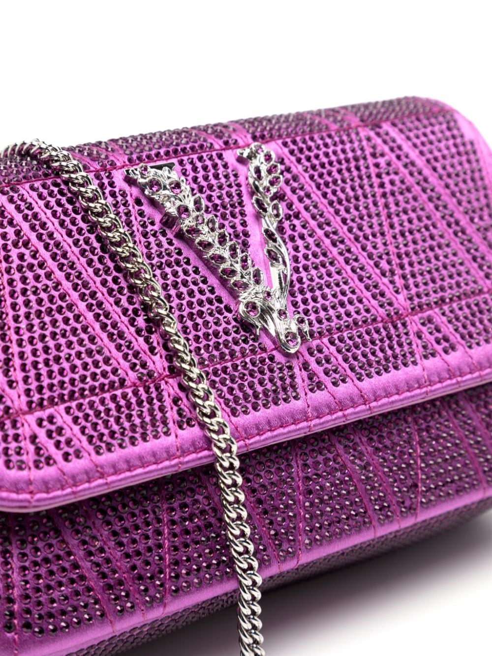 Shop Versace Virtus Crystal-embellished Leather Shoulder Bag In Purple