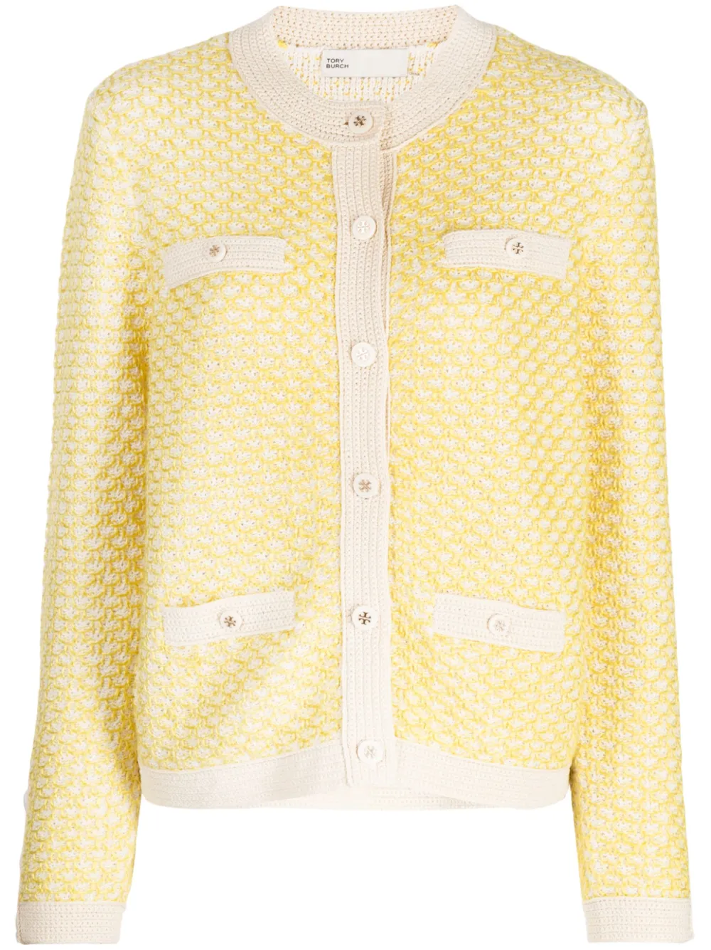 Tory Burch Linen Tweed Kendra Cardigan In Yellow