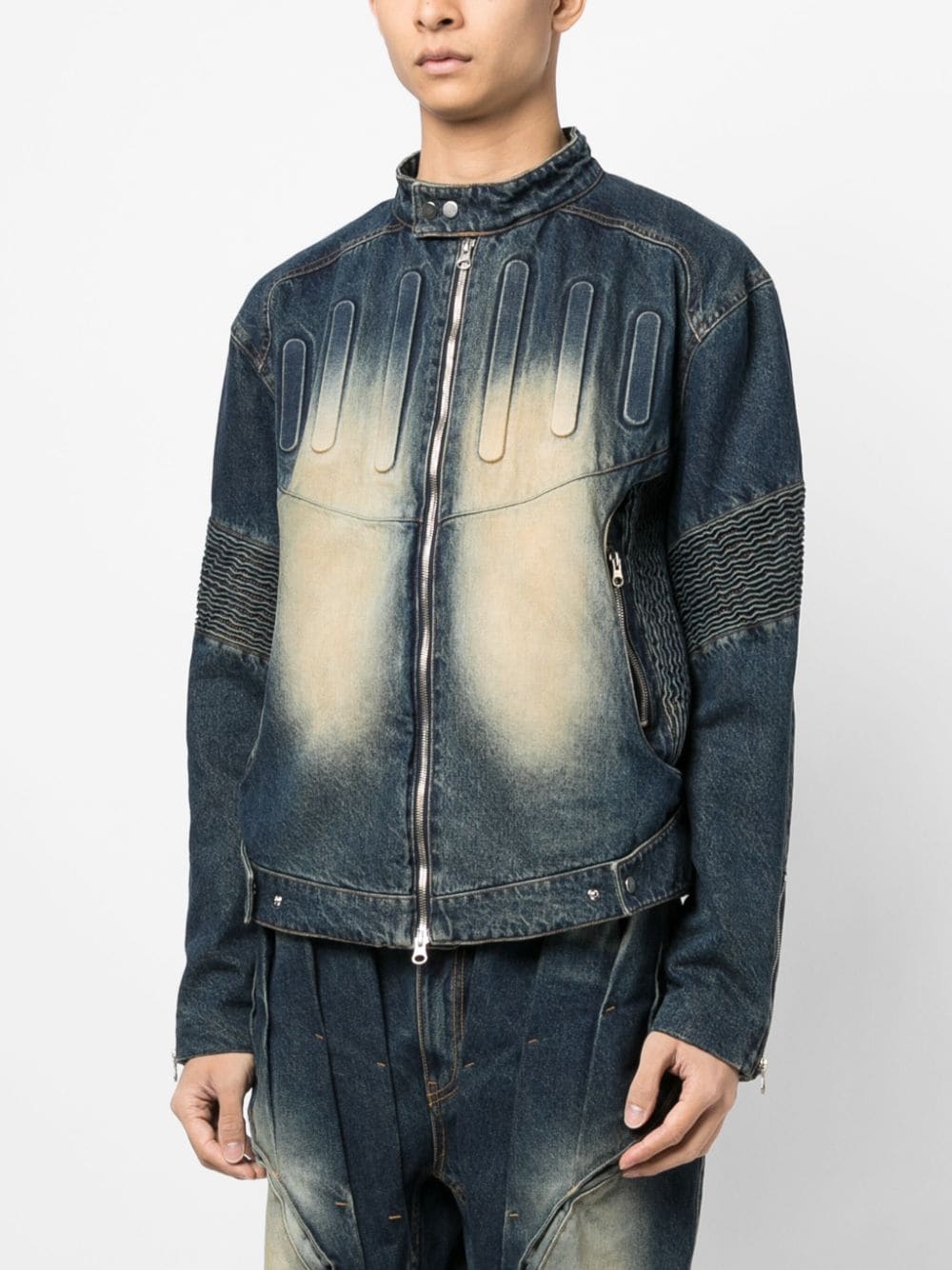 Shop Juntae Kim Smocked-panels Washed-denim Jacket In Blue