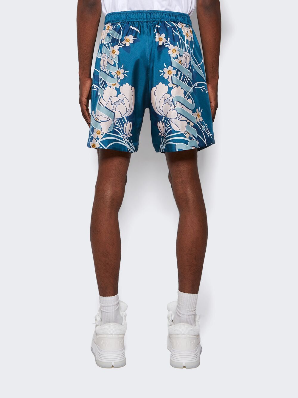 Shop Amiri Floral-print Silk Shorts In Blue