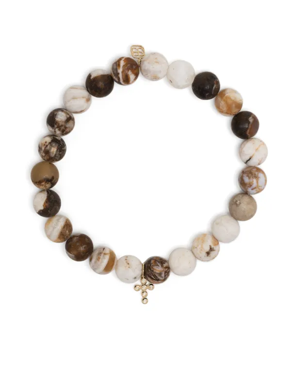 Sydney Evan 14kt Yellow Gold Bezel Cross Charm Beaded Bracelet in Multicolour