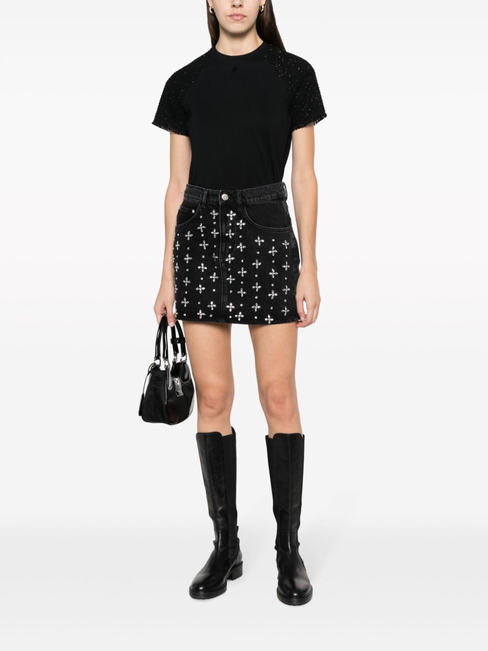 Shop Maje Rhinestone-embellished Denim Miniskirt In Black