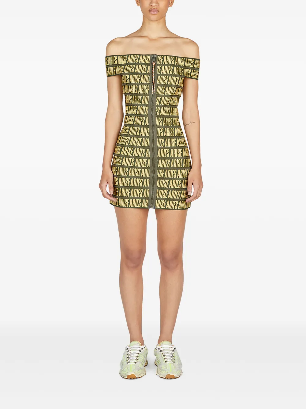 Aries logo-print off-shoulder mini dress Groen