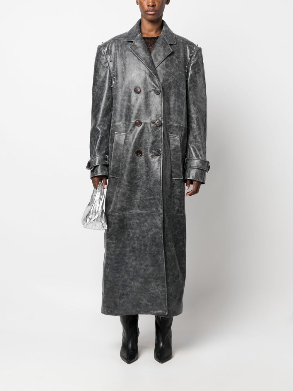 Shop Alessandra Rich Studded Leather Coat In Grey