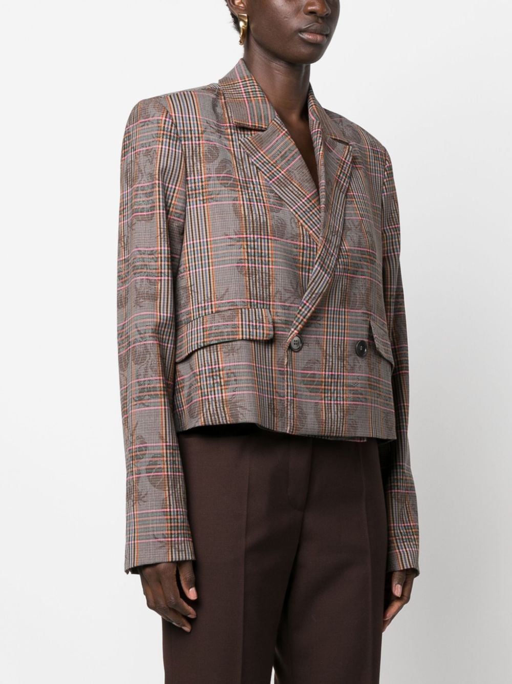 Shop Henrik Vibskov Malin Checked Double-breasted Cropped Blazer In Brown